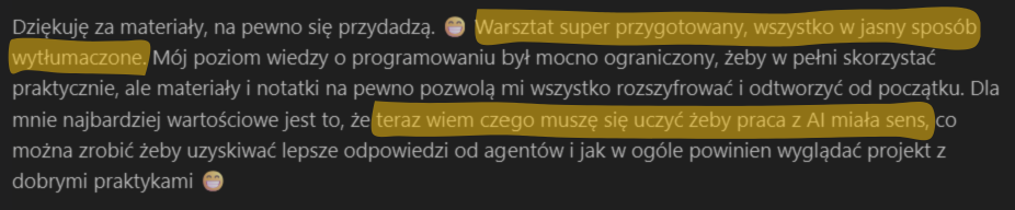 Opinia uczestnika warsztatu Playwright + AI - 5