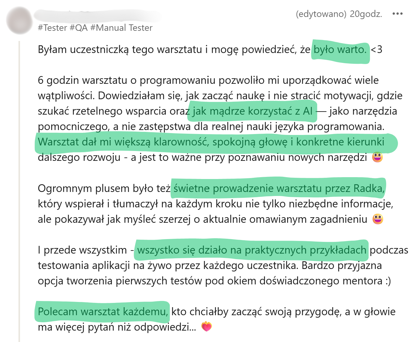 Opinia uczestnika warsztatu Playwright + AI - 3